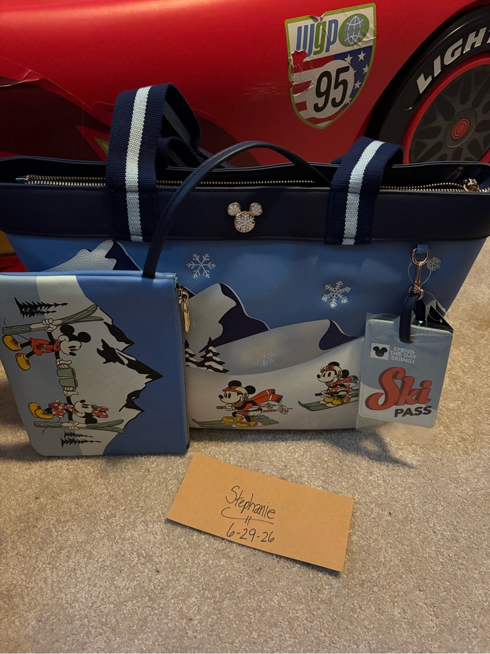 Disney Blue Mickey Ski Tote with Matching Pouch and Pass Tag